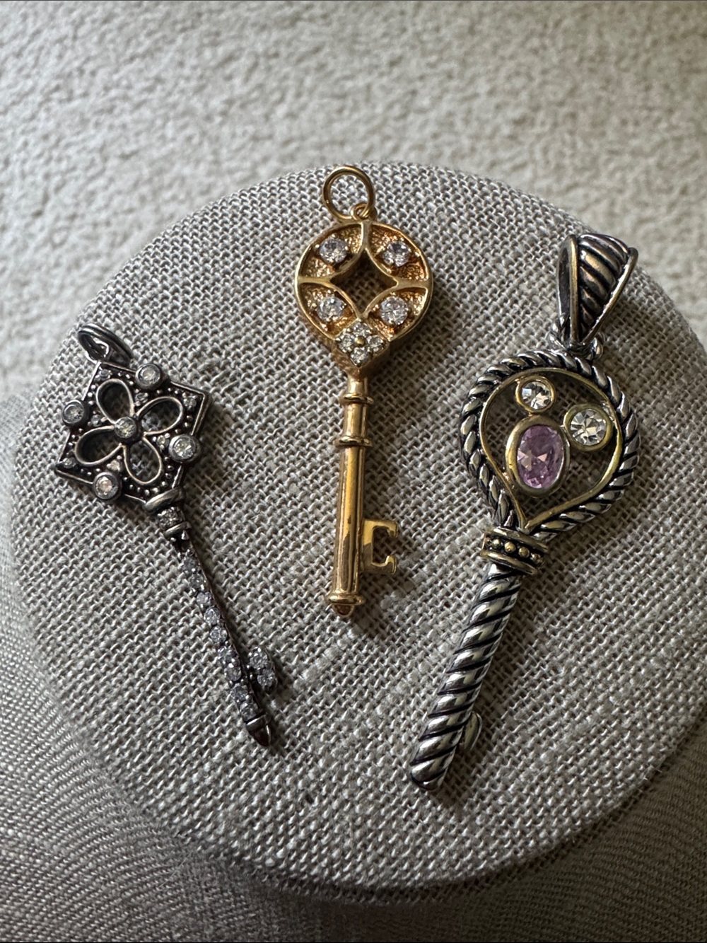 Key Pendant Trio - Gold & Silver with Crystal Accents